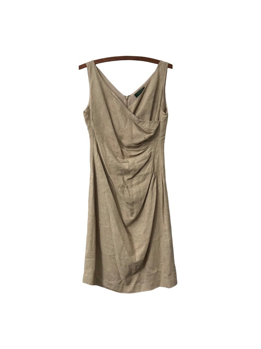 Lauren Ralph Lauren Womens Tan Draped Side Sleeveless Linen Blend Sheath Dress 8